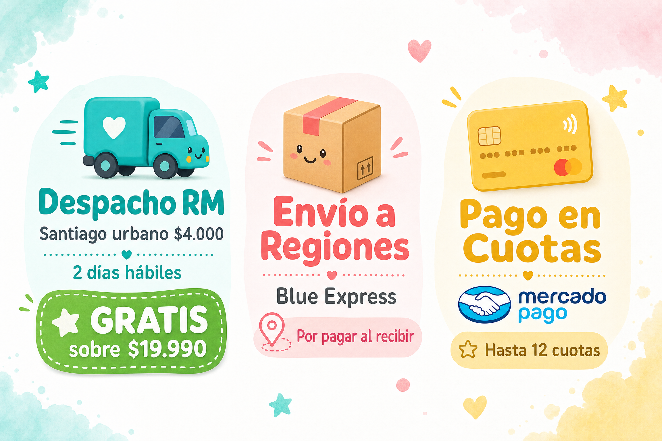 Despacho RM $4.000 · GRATIS sobre $19.990 · Regiones Blue Express · Pago en cuotas Mercado Pago